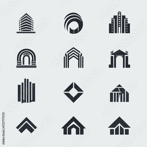 Array of icons depicting abstract buildings and shapes in a minimal style