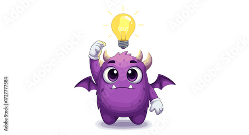 Cute purple monster character holding a bright yellow light bulb above its head isolated on transparent background