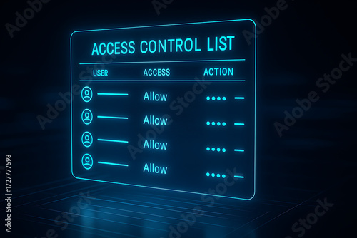 Access control list cybersecurity neon panel, digital user permission management with allow action interface, glowing security authorization framework for identity governance system authentication com