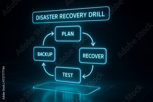 Disaster recovery drill workflow neon glowing illustration, business continuity management cycle with plan backup test recover process, corporate security compliance risk mitigation concept, IT resili