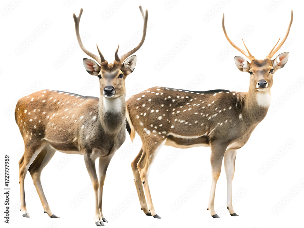 Obraz premium Two spotted deer with antlers facing forward isolated on a transparent background