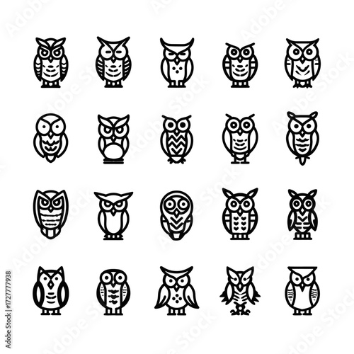 Assorted icons showing varying designs of owls, facing forwards, bold, & black