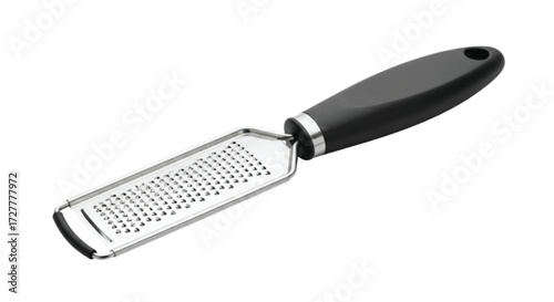 Sharp stainless steel grater with ergonomic handle on a clean white background