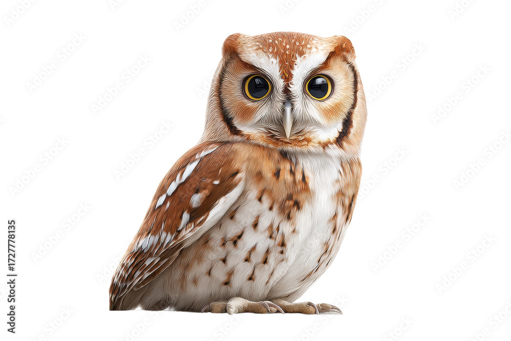 Naklejka premium Portrait of a detailed realistic owl with bright eyes and spotted feathers, cut out