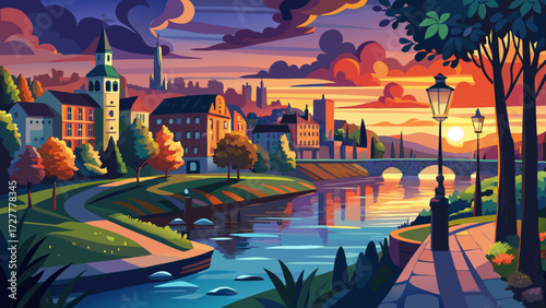 The landscape of the city river in the evening illustrations creates an impressionist style of painting, showing glowing reflections, brush strokes, vivid lights, and artistic harmony capturing atmosp