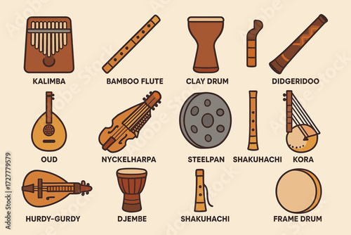 Global musical instruments collection featuring nyckelharpa and didgeridoo