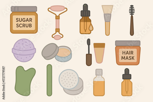 Assorted skincare products and tools for beauty routines