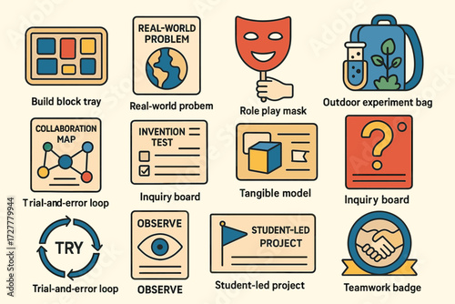 Educational tools icons for collaborative learning and problem-solving techniques