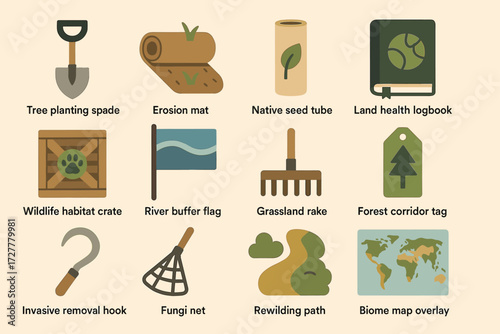 Environmental conservation tools and symbols for landscape restoration and biodiversity