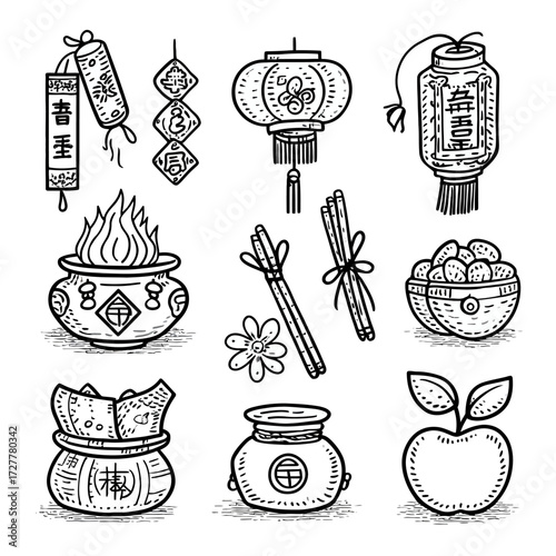 Black and white line drawing of lucky charms and cultural items