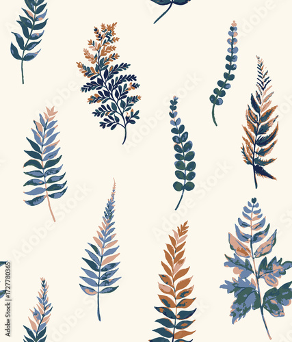 Botanical leaves,set of tropical leaves: seamless green leafs Hand painted watercolor effect illustration isolated on off white