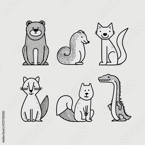 Cute stylized drawings of a bear, otter, cat, fox, squirrel, and reptile