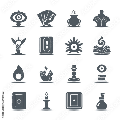 Collection of stylized magic icons with various mystical objects and symbols