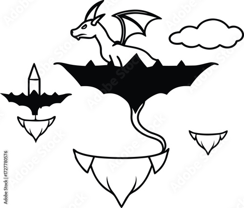 fantasy dragon flying around floating islands illustration on transparent background