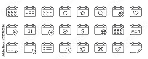 Calendar, agenda, planner outline icons set with editable stroke isolated on white background. Flat vector illustration. Pixel perfect. 64 x 64.