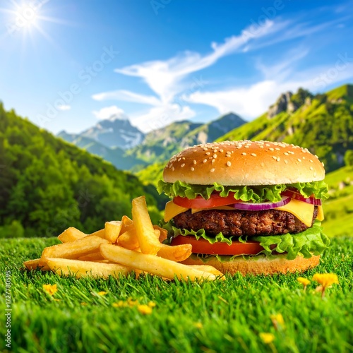 Juicy burger and fries on grassy meadow against a backdrop of mountains