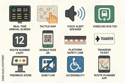 Public transport accessibility features: screens, maps, speakers, tags, and more