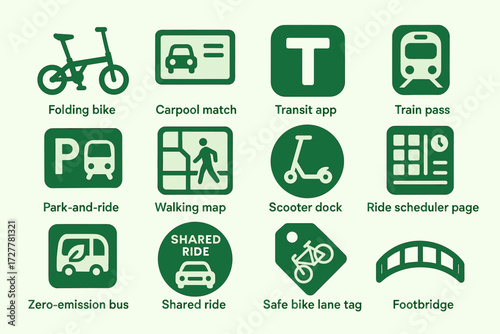 Urban mobility icons: biking, carpool, transit, walking, and scooting symbols