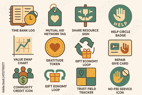 Community resource sharing icons: time bank, mutual aid, gift economy, help circles, trust field