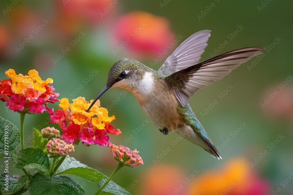Naklejka premium Rubythroated hummingbird feeding on colorful lantana blossoms in a vibrant garden during the early morning sunlight