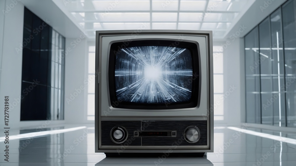 Fototapeta premium Old analog TV with black and white screen, retro style technology concept 