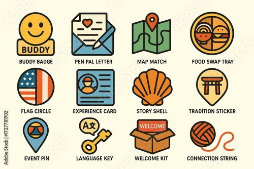 Icons of friendship activities: letters, maps, food, flags, and more