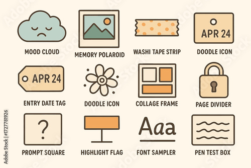 Set of cute icons with cloud, polaroid, tape, and more