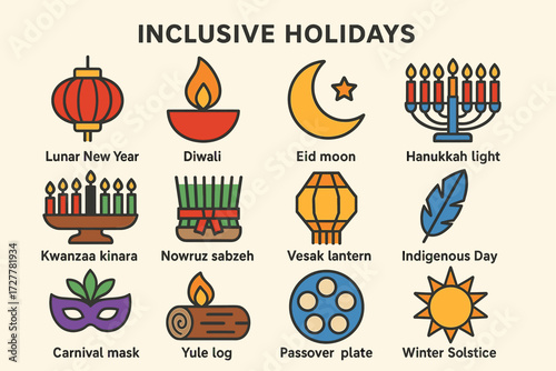 Inclusive holidays: symbols of diwali, eid, hanukkah, kwanzaa, and more