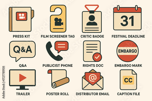 Film industry icons including press kit, film screener tag, critic badge, festival deadline, and more