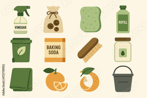 Eco-friendly cleaning tools: vinegar, baking soda, brushes, and more