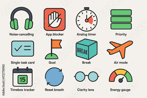 Minimalist productivity and focus icons for apps and tools