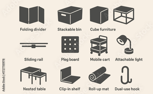 Modular living icons: folding divider, stackable bin, cube furniture, sliding rail, peg board