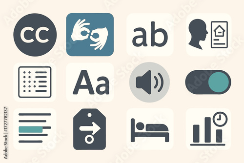 Accessibility icon set featuring symbols for closed captioning and audio descriptions