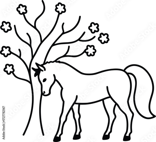 fantasy unicorn grazing under flower trees illustration on transparent background