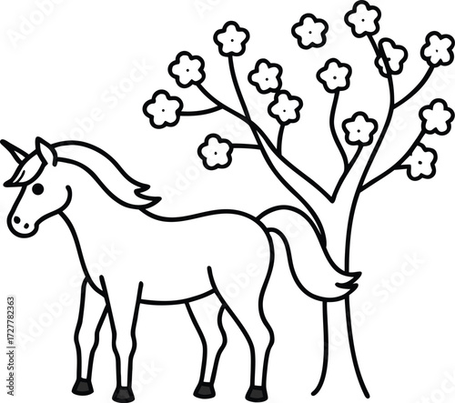 fantasy unicorn grazing under flower trees