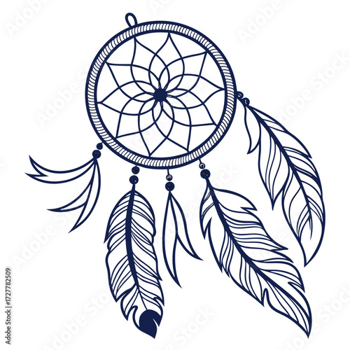 A minimalist dark blue outline drawing of a traditional dreamcatcher with intricate web detailing and hanging feathers isolated on a clean white background symbolizing protection and good dreams