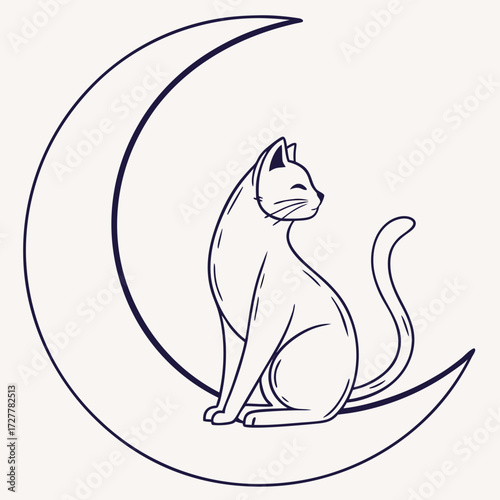A minimalist line art illustration of a sleek cat sitting gracefully on a crescent moon a serene and enchanting nocturnal scene