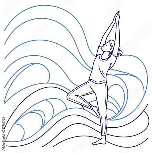 A serene woman in a yoga tree pose with arms raised in prayer above her head set against a backdrop of flowing blue abstract wave patterns
