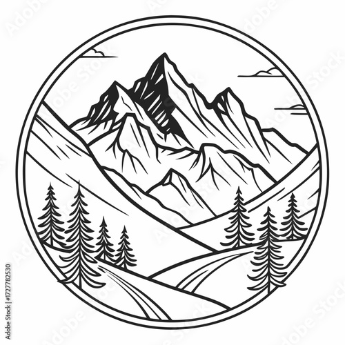 A stylized black and white circular emblem featuring a majestic mountain range with jagged peaks rolling hills and pine trees evoking a sense of adventure and nature