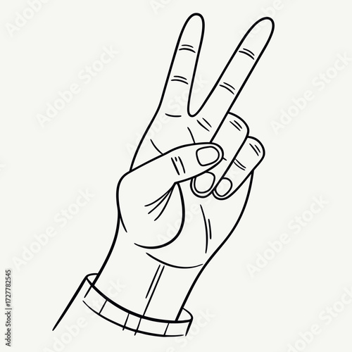 A minimalist black and white line art illustration of a hand making the peace sign with two fingers extended upwards against a neutral background