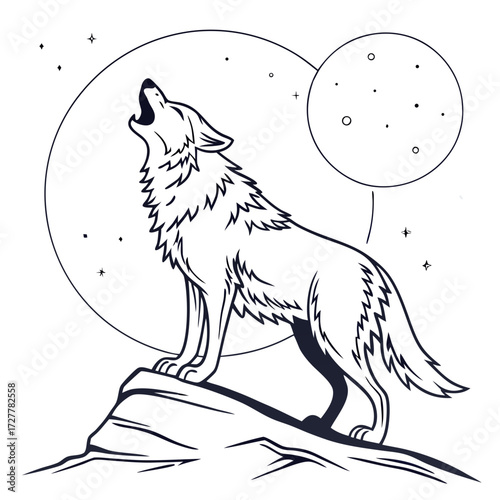 A stylized line art illustration of a wolf howling at a large full moon and a smaller celestial body against a starry night sky standing proudly on a rocky outcrop