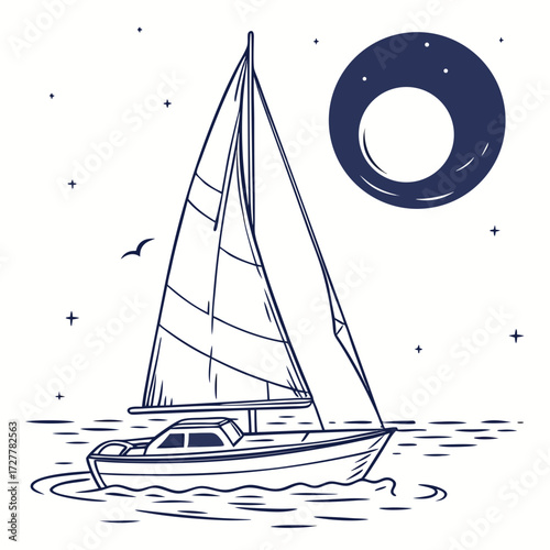 A minimalist line art illustration of a sailboat sailing on the ocean under a large moon and starry night sky with a single bird flying nearby