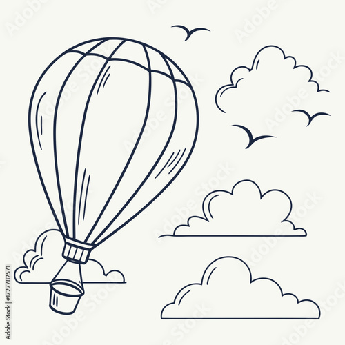 A whimsical hand drawn illustration of a large hot air balloon floating serenely through a bright sky with fluffy clouds and soaring birds