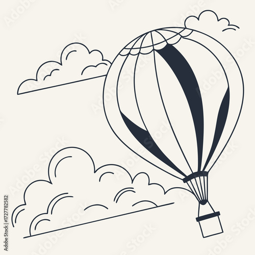 A whimsical line art illustration of a classic hot air balloon with dark blue stripes ascending through stylized clouds against a light cream background