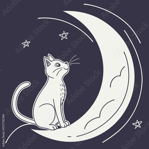 A whimsical white cat sits serenely on a crescent moon under a starry night sky gazing upwards with curiosity and wonder