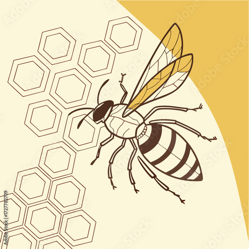 Stylized illustration of a honey bee with striped body and translucent wings flying near a honeycomb pattern on a soft yellow background with a curved yellow shape