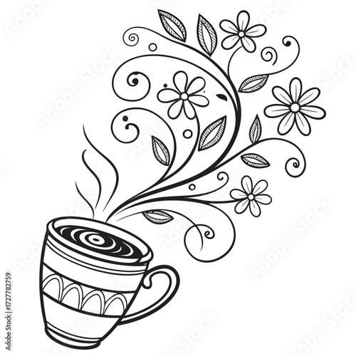 Whimsical hand drawn black and white illustration of a steaming coffee cup with floral swirls and flowers emerging from the hot beverage