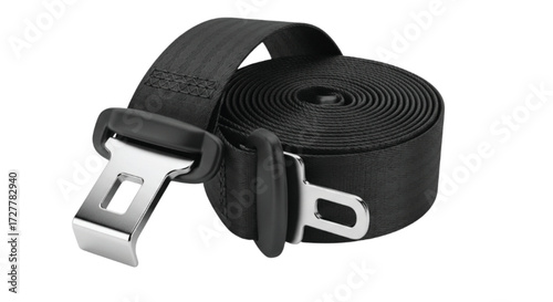 Rolled black seatbelt with metal buckle on white background, safety concept