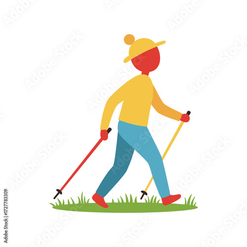 Cartoon character with determined mood practicing nordic walking in flat design style in yellow, blue, and red colors for fitness and health