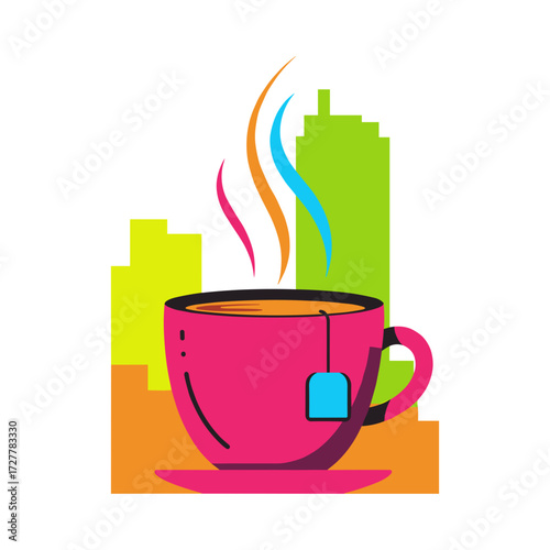 Steaming teacup with cozy mood set against urban skyline in vibrant flat design style in pink, green, and orange colors for morning routine and city life
